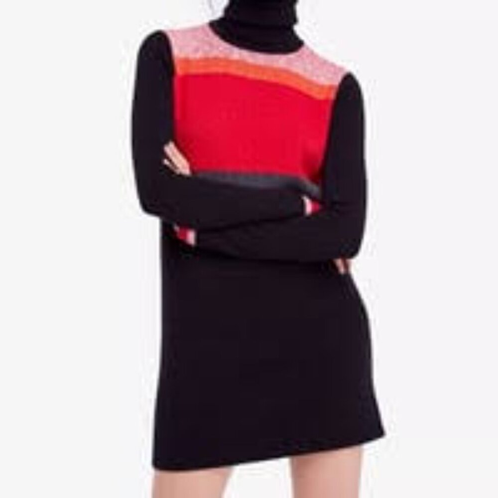 ✅ Free People TURTLENECK Sweater Dress XS Red Black Turtle Neck Warm